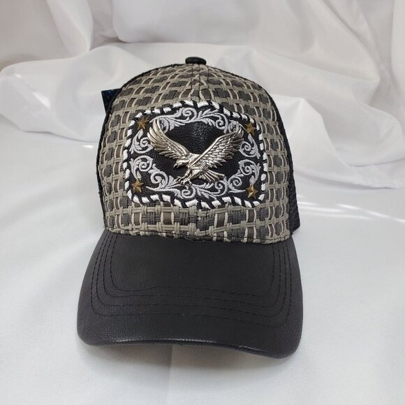 Eagle Embroidered Trucker Cap Woven Design & Mesh Back Gray/Black USA Headwear - Picture 1 of 6